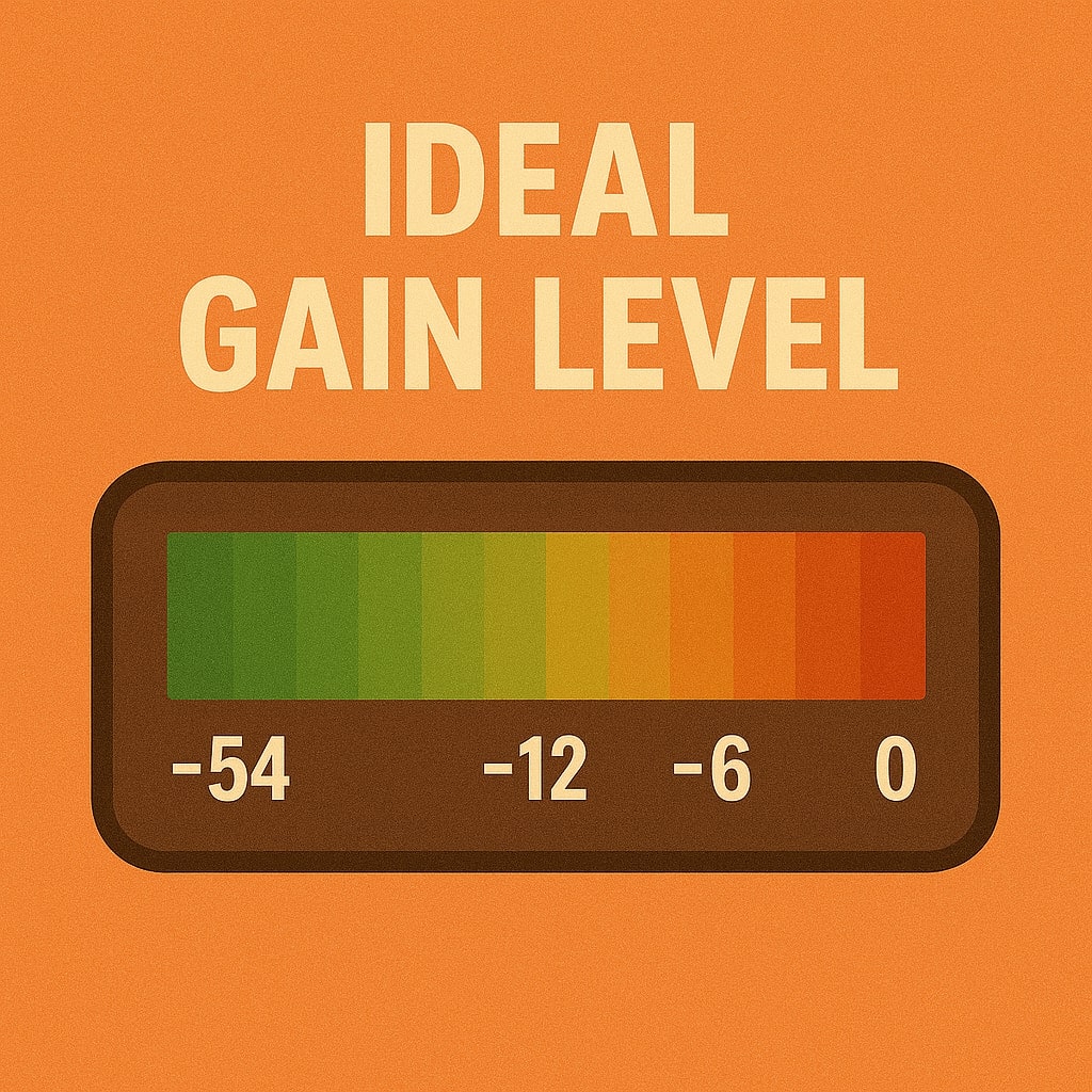 Audio meter showing ideal gain levels vs. too high/too low