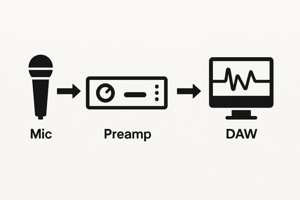 Signal Flow Diagram would go here: Microphone → Preamp → Audio Interface → DAW